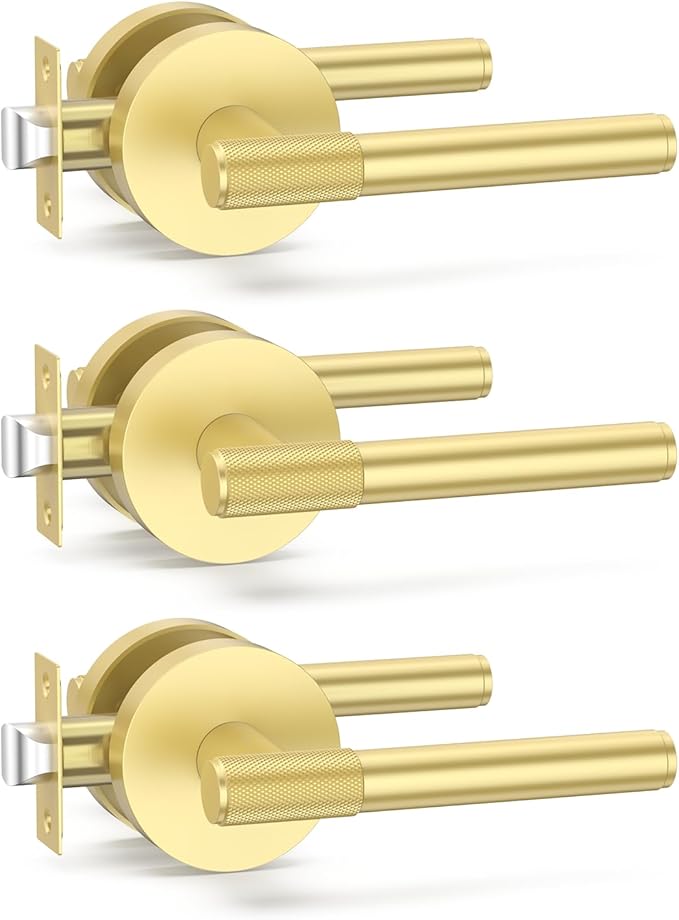 Amerdeco 3 Pack Brushed Gold Door Handles Interior, Knurled Passage Door Handles,Gold Door Lever for Bedroom or Bathroom,Reversible Keyless for Left Right Handed Doors AM0027
