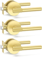 Amerdeco 3 Pack Brushed Gold Door Handles Interior, Knurled Passage Door Handles,Gold Door Lever for Bedroom or Bathroom,Reversible Keyless for Left Right Handed Doors AM0027