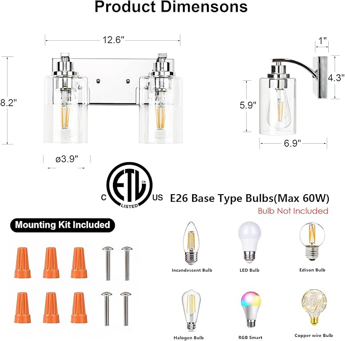2-Light Bathroom Light Fixtures Modern Chrome Vanity Lights for Bathroom Lighting Fixtures Over Mirror with Clear Glass Shade for Cabinet Mirror Bedroom Hallway
