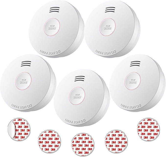 Smoke Detector 10 Year Battery, Smoke Fire Alarm with Photoelectric Sensor, Easy to Install with Magnetic Mount, Smoke Detectors with Silence Button & LED Lights for Home, 5 Pack