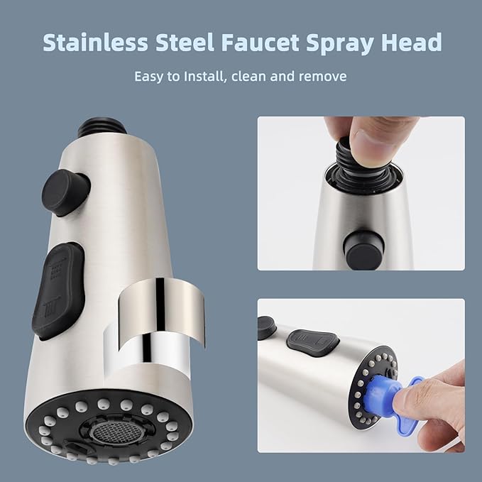 iFealClear Universal Metal Kitchen Faucet Head Replacement, Pull Down Kitchen Sink Faucet Sprayer Head, Compatible with Moen, Delta, American Standard Faucets,15 Adapters, 3 Modes, Brushed Nickel