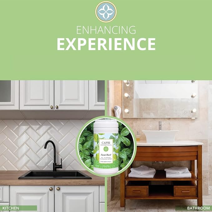 Capri Essentials All Purpose Cleaning Wipes, Natural Household Cleaning Supplies, Bathroom and Kitchen Cleaner with Essential Oils, Almond Oil, Eucalyptus & Peppermint, Sweet Basil Scent, 70 Wet Wipes