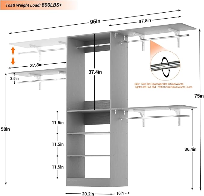 8FT Closet System with Shelves, 96'' Closet Organizer System with 3 Hanging Rods, Wall Mount Bedroom Wardrobe Walk-in Closet, Adjustable Cloth Garment Rack from 5 to 8FT (Cut to Fit), Grey