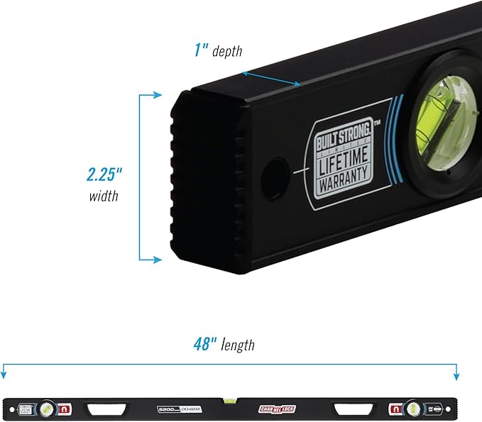 CHANNELLOCK 48-Inch, Professional-Grade Magnetic Aluminum Box Level with Solid Block Acrylic Vials, 5200-0048M