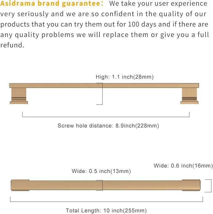 Asidrama 10 Pack 9 Inch(228mm) Hole Centers Champagne Bronze Kitchen Cabinet Handles, Brushed Brass Cabinet Pulls Kitchen Cabinet Hardware for Cupboard Gold Drawer Pulls