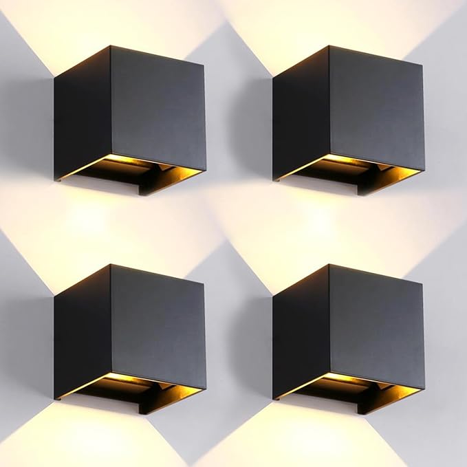 4 Pack LED 20W Outdoor Wall Lights Exterior/Interior 3 Colors Adjustable Wall Sconce Up and Down Light Porch Lights IP65 Waterproof Exterior Wall Sconce Modern Outdoor Lighting Square Aluminum Black