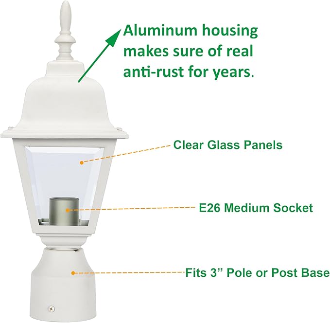 LIT-PaTH Outdoor Post Lighting Fixture Pole Lantern, E26 Medium Base Max 60W, Aluminum Housing Plus Clear Glass, Bulb Not Included, Matte White Finish, 2-Pack