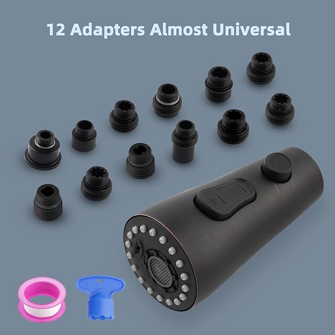 iFealClear Unversal Metal Kitchen Faucet Head Replacement, 3 Modes Pull Down Kitchen Sink Sprayer Head, Compatible with Moen, Delta, American Standard Faucets, 15 Adapters, Oli Rubberd Bronze
