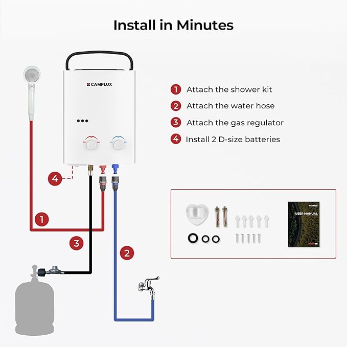 CAMPLUX Tankless Water Heater Outdoor, 1.32 GPM Portable Propane Camping Water Heater, 5L, AY132, White