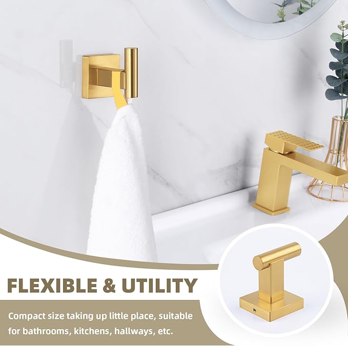 Suyar Brushed Gold Bathroom Accessories, SUS 304 Stainless Steel Bathroom Hardware Set 4 Pieces, Include Robe Hook, Toilet Paper Holder, Hand Towel Holder, Towel Bar, Wall Mount