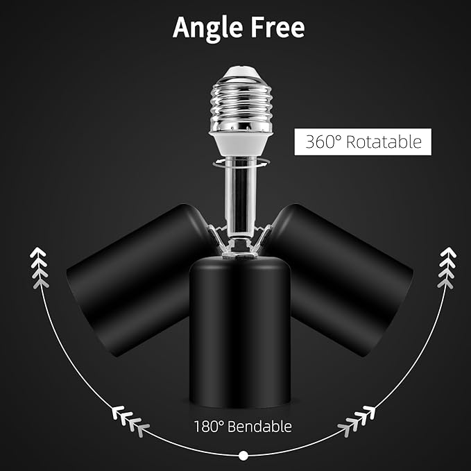 2 PCS Ceramic & Metal E26 Light Socket Extender Black - 5.5" Length,90° Vertical & 360° Horizontal Adjustable, 110V-240V, 150W Max, Fire-Resistant, Light Socket Extender for E26 Light Bulb