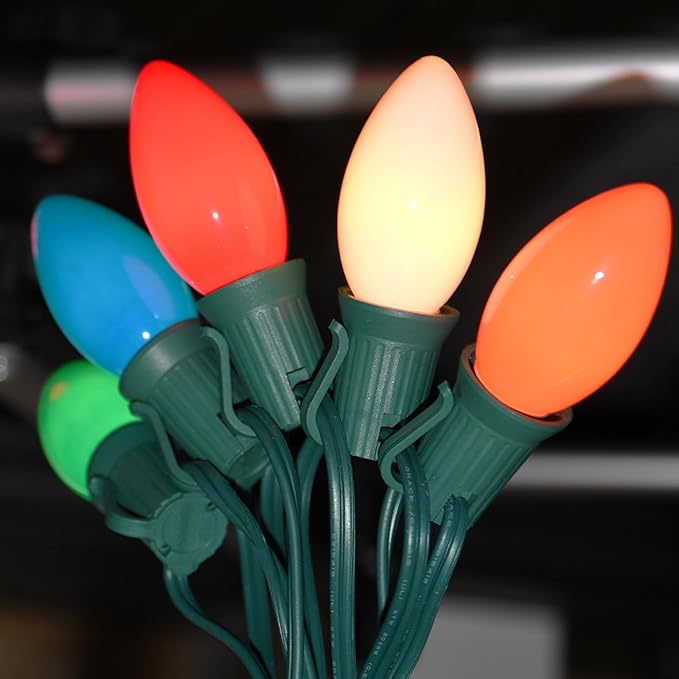 SUNSGNE 25 Pack C9 Multicolor Christmas Light Bulbs, C9 Ceramic Multicolor Incandescent Replacement Bulbs for Outdoor Vintage Christmas String Light, E17/C9 Intermediate Base- 7 Watts