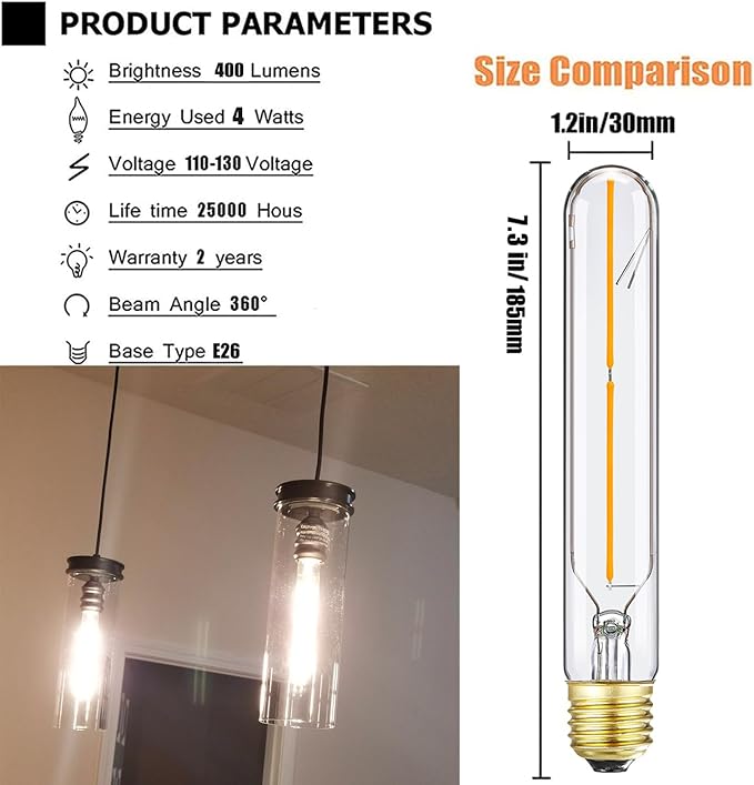 7.3 Inch E26 Led Bulb 40 watt,Dimmable Tubular Bulb 4W,2700k Warm White Edison Bulbs,T10 Long Clear Glass Light Bulb for Rustic Pendant,Industrial Pipe,Wall Sconces,Chandeliers,6 Pack
