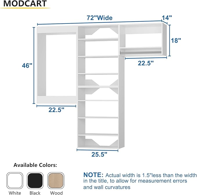 Modular Closet Organizer, 72" Wide Tower System with Hanging, Wall Mounted Wardrobe Organizer Kit, White