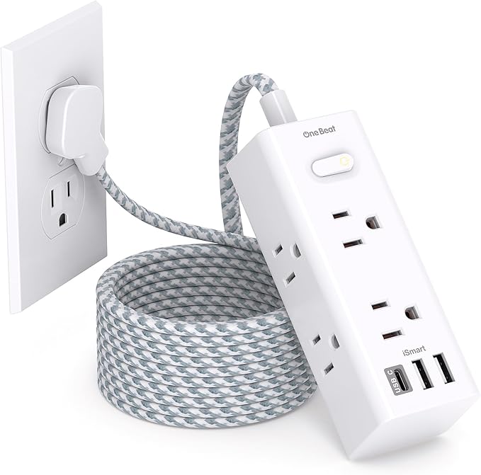 15Ft Extension Cord with Multiple Outlets, Flat Plug Power Strip Surge Protector with 15 Ft Long Cord, 6 Outlet 3 USB Ports (1 USBC) Multi Outlet Wall Plug for Home Office College Dorm Room Essentials