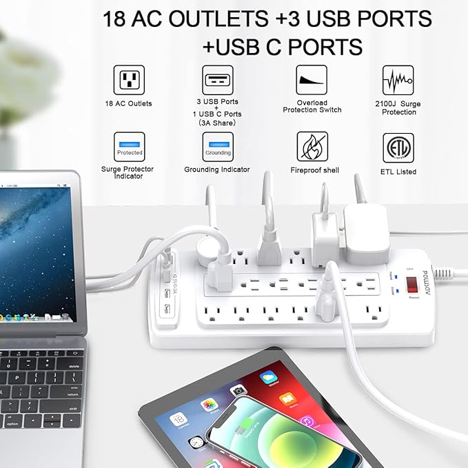 18 Outlets Surge Protector Power Strip - 10 Feet Flat Plug Heavy Duty Extension Cord with 18 Widely Outlets and 4 USB Ports, 2100 Joules, White, ETL Listed