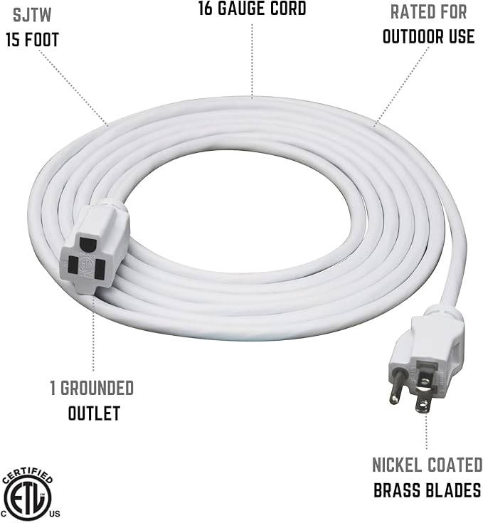 Clear Power 15 ft (2-Pack) Indoor/Outdoor Extension Cord 16/3 SJTW, White, Water, Weather Resistant & Flame Retardant, 3 Prong Grounded Plug, CP10206X2