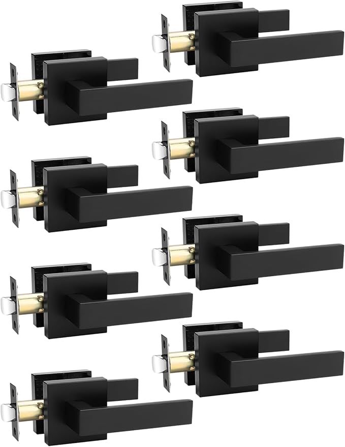 8 Pack Square Black Door Handles Interior, No Lock Passage Door Lever for Left or Right Handing, Heavy Duty Matte Black Closet Door Handle Sets