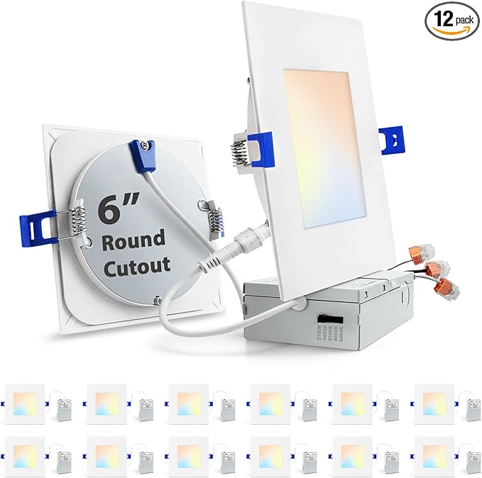 zouzai Square Led Recessed Lighting,5CCT Ultra Thin Square Led Ceiling Light with Junction Box,CRI90,2700K-5000K Selectable,Dimmable Canless Downlight,ETL and Energy Star (White 【12 Pack】, 6 Inch)