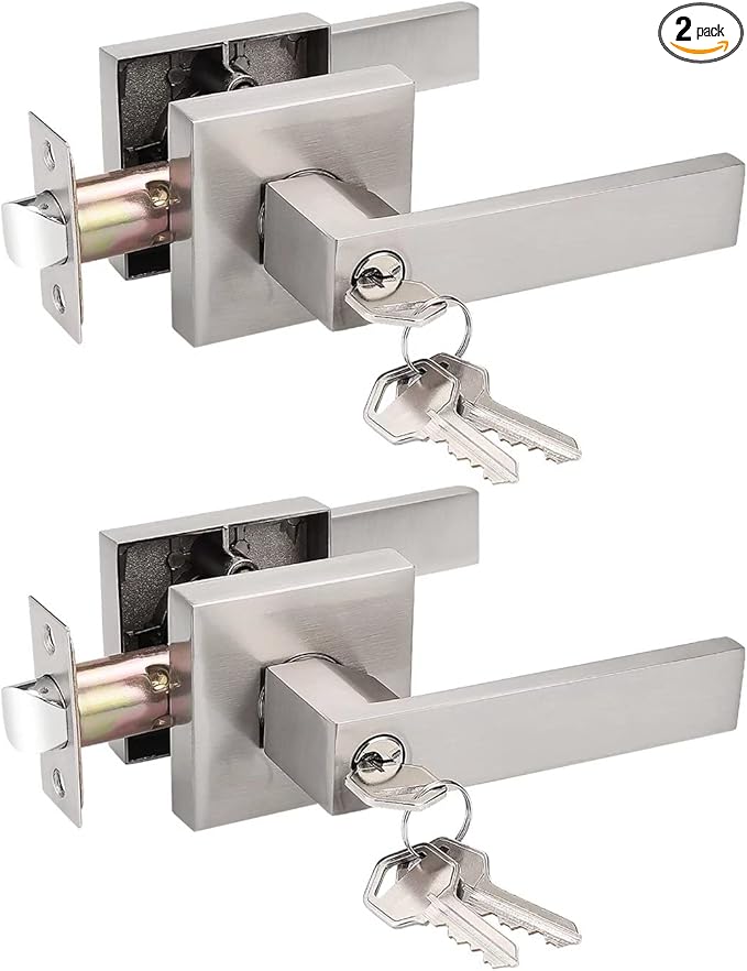 Probrico 2 Pack Interior Bedroom Entrance Door Lever Doorknobs Door Lock One Keyway Entry Keyed Alike Same Key Entrance Lockset in Satin Nickel Each with 3 Keys