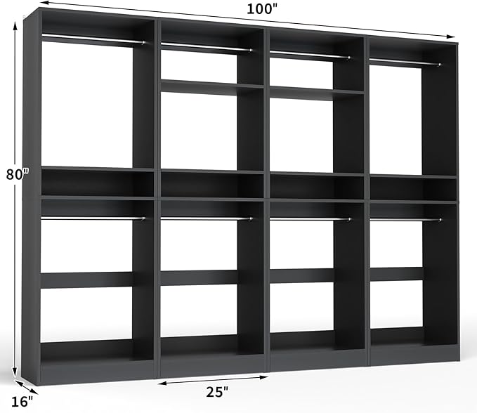 Unikito 100 Inch Large Closet System, 8.3FT Wood Closet Organizer Kit with 8 Hanging Rods, Adjustable Walk in Wardrobe Closet Tower, Sturdy Luxury Clothes Garment Rack, Easy Assembly, Set of 4, Black