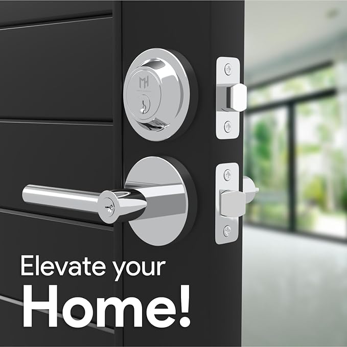 Mega Handles Ronn Entrance Combo, Entry Lever Door Handle and Single Cylinder Deadbolt Lock and Key Pack, Heavy Duty Round Locking Door Levers Set for Left or Right-Handed Doors - Polished Chrome