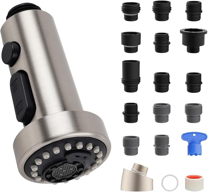 Hibbent Pull Down Kitchen Faucet Head Replacement, 3 Function Sink Faucet Sprayer Head Nozzle with 15 Adapters, Compatible with Moen, American Standard, Delta, Kohler Faucets, Brushed Nickel