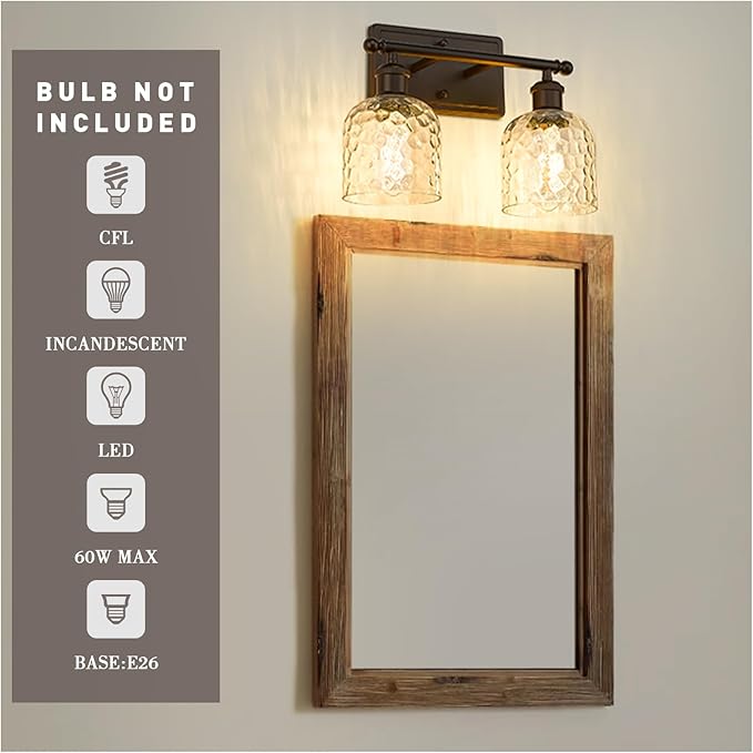 zeyu 2-Light Bathroom Vanity Light, Farmhouse Wall Sconce Lighting with Clear Hammered Glass, Oil Rubbed Bronze Finish, ZJF63B-2W ORB