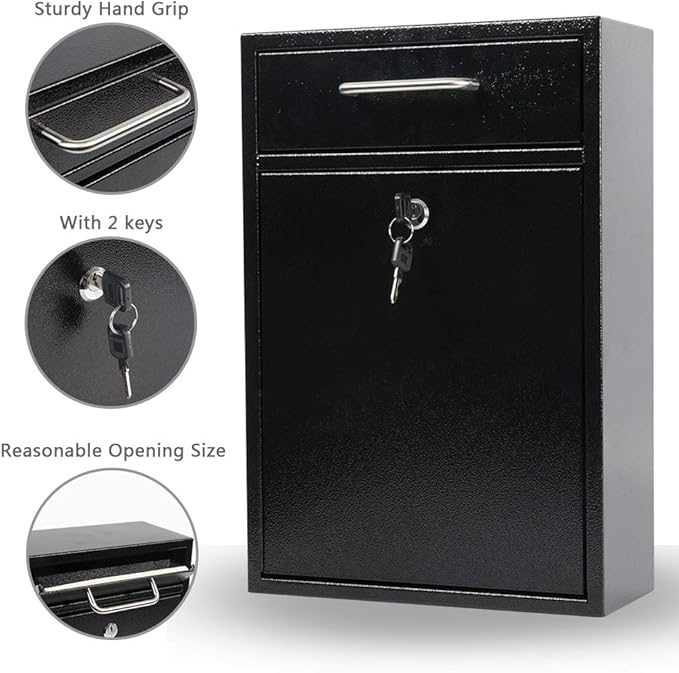 KYODOLED Steel Key Lock Mail Boxes Outdoor, Locking Wall Mount Mailbox, Security Lock Drop Box, Collection Boxes,16.2H x 11.22L x 4.72W Inches, Black X Large