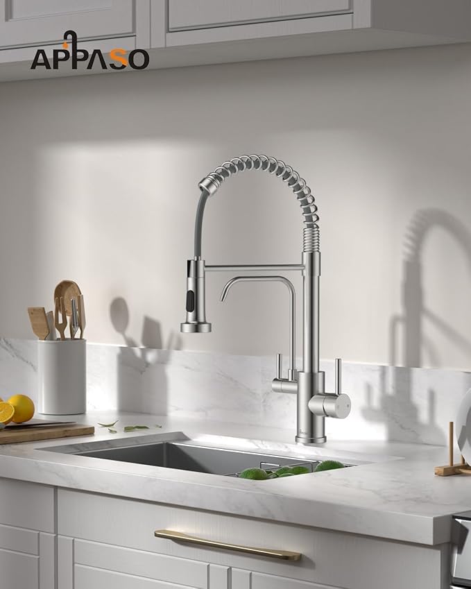 APPASO Kitchen Faucet with Drinking Water Faucet, 3 in 1 Pull Down Faucet with Purfied Water Faucet, 20 Inches High Arc Kitchen Water Filter Faucet, Brushed Nickel (Without Filtration Device)