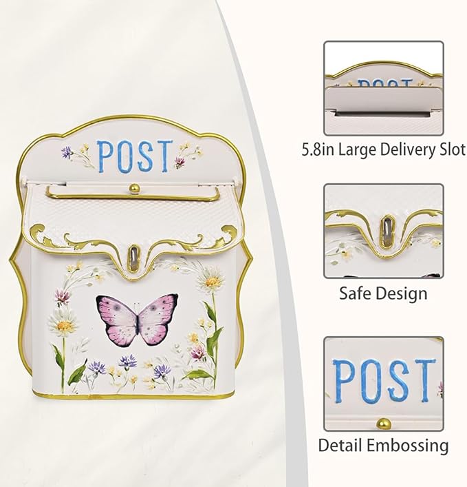 Mailbox Wall Mount Mailboxes for Outside Vintage Mail Boxes for House Outside Metal Drop Box Antique Style Nostalgic Charm Home Decorative Butterfly Pink