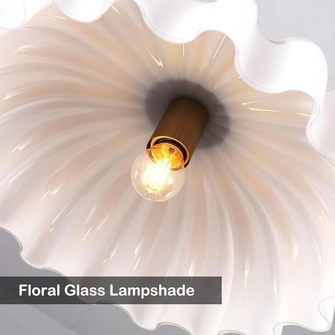 15.7" Vintage Flower Gold Chandelier - Adjustable Height White Milk Glass Shades Pendant Light Fixture for Kitchen Island, Dining Room, Bedroom