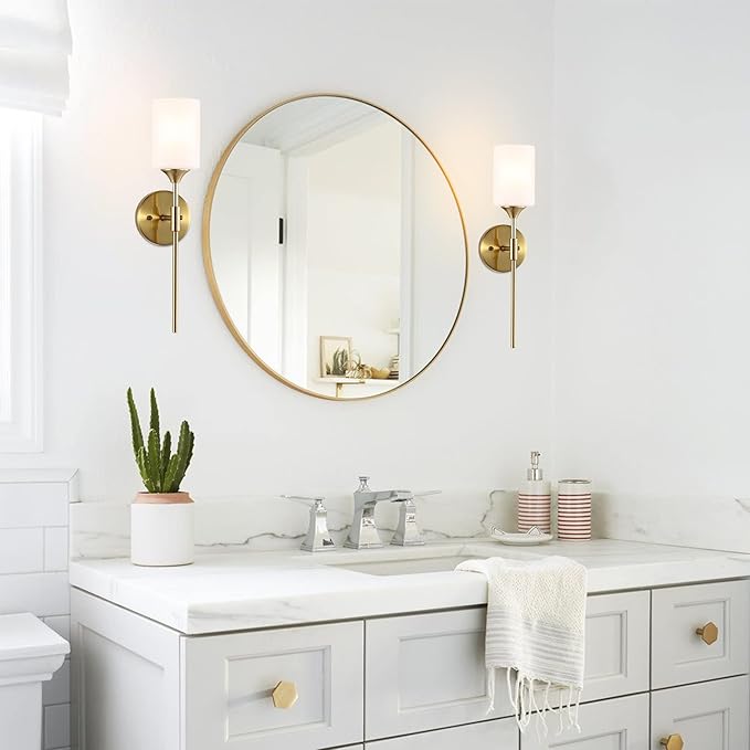 Gold Wall Sconce Set of 2 with White Cylinder Glass Shades Modern Mid Century Bathroom Vanity Wall Light Fixtures Industrial Brushed Brass Wall Lamp for Bedroom Mirror Living Room Restaurant