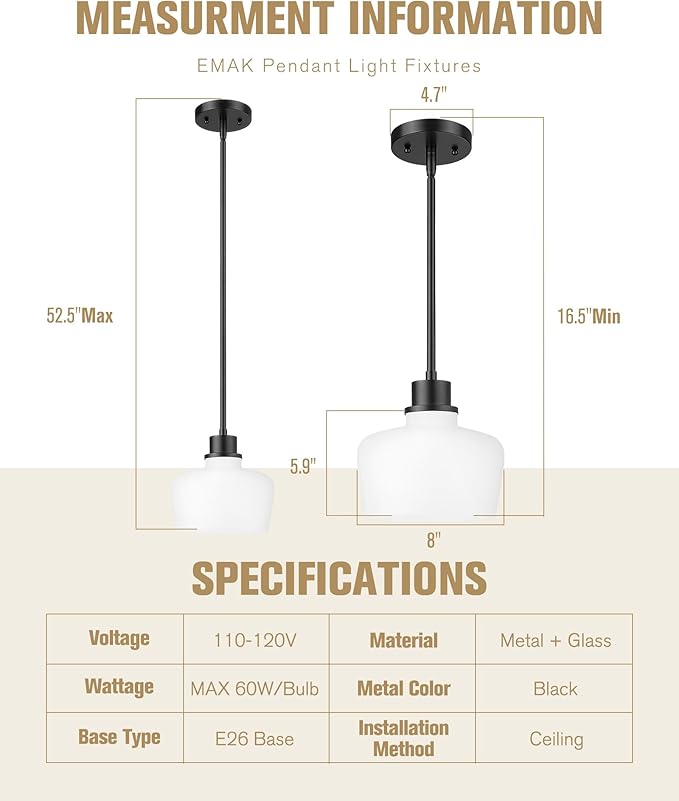 Emak 2 Pack 8 Inch Milk Glass Pendant Lights Kitchen Island, Modern Farmhouse Black Pendant Light Fixtures for Kitchen Island, Bathroom, Dining Room, PL122-BK-ML-2PK