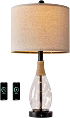 OYEARS 23" USB A+C Table Lamp for Bedroom Living Room Modern Bedside Lamps Retro Farmhouse Rattan Glass Nightstand Nightlight Lamps (Black),Two Light Points