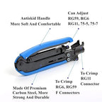 Coaxial Compression Tool Coax Cable Crimper Kit Adjustable rg6 rg59 rg11 75-5 75-7 Coaxial Cable Stripper with 10pcs RG6 F Compression Connectors - Blue