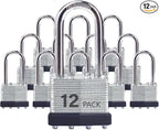 Keyed Alike Laminated Steel Padlocks with Long Shackle for Sheds, Fences & Lockers (12-Pack)