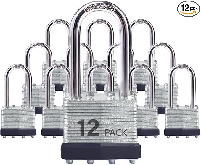 Keyed Alike Laminated Steel Padlocks with Long Shackle for Sheds, Fences & Lockers (12-Pack)