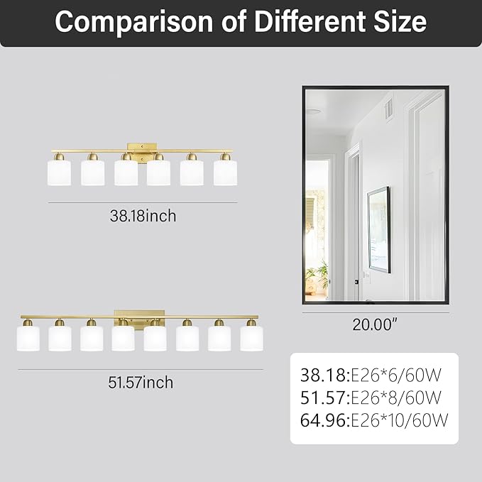 8 Light Bathroom Light Fixtures Gold for Big Mirror, Brushed Gold Vanity Lights for Bathroom with Milky White Frosted Glass Shades, 51 inch Wall Sconce for Mirrors Living Room Bedroom