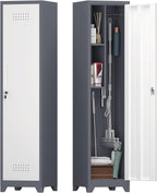 Storage Cabinet,Slim Broom Closet Storage Cabinets with Lockable Doors,Narrow Utility Cabinets with Hanging Rod,Tall Broom Closet for Laundry,Home Office,Grey-White