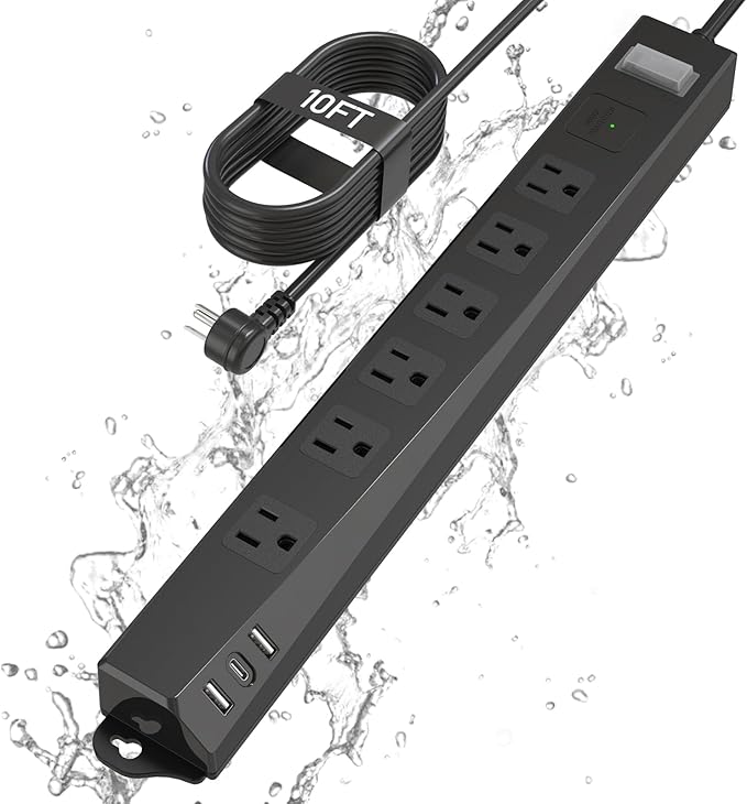 Outdoor Power Strip Weatherproof, KPQ IPX6 Waterproof Surge Protector with 6 Outlets with 2 USB A and 1 USB C, 6FT Extension Cord, Wall Mountable for Home, Office, Dorm, Patio, FCC UL Listed