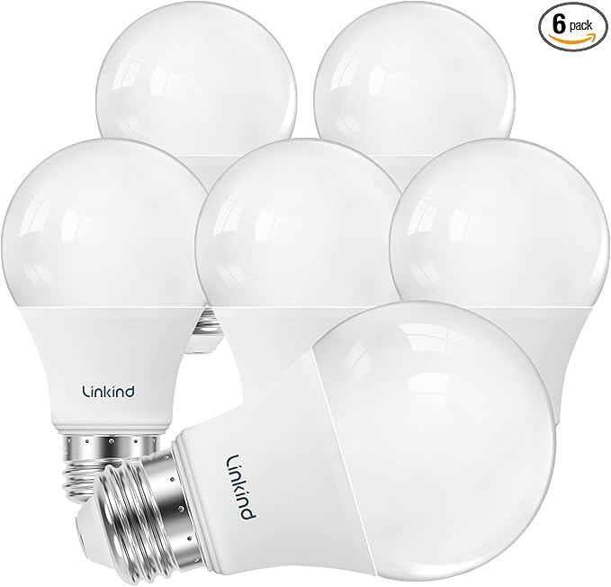 Linkind A19 LED Light Bulbs Dimmable, 60W Equivalent, Energy Efficient 9W, 2700K, 800 Lumens, E26 Standard Base, Lighting for Bedroom Living Room Home Office, 6 Packs
