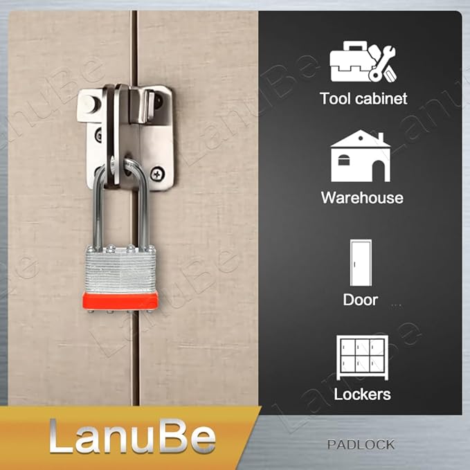 LanuBe Lock Laminated keyed Padlock (1-9/16", 40mm), keyed Alike Locks, Long Shackle,Marked Orange Plastic Hoop, Pack of 48