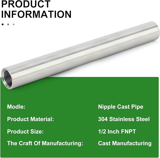 TAISHER 2PCS Stainless Steel Pipe Fittings, 1/2" NPT x 1/2" NPT Female Threaded, 10" Length Nipple Cast Pipe