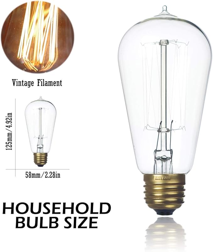 Jslinter 6-Pack Edison Light Bulb, Warm White 2200K Old Fashioned Incandescent Light, 60 Watt Dimmable ST58 Antique Vintage Style Light, Clear Glass e26 Base(60w/110v)