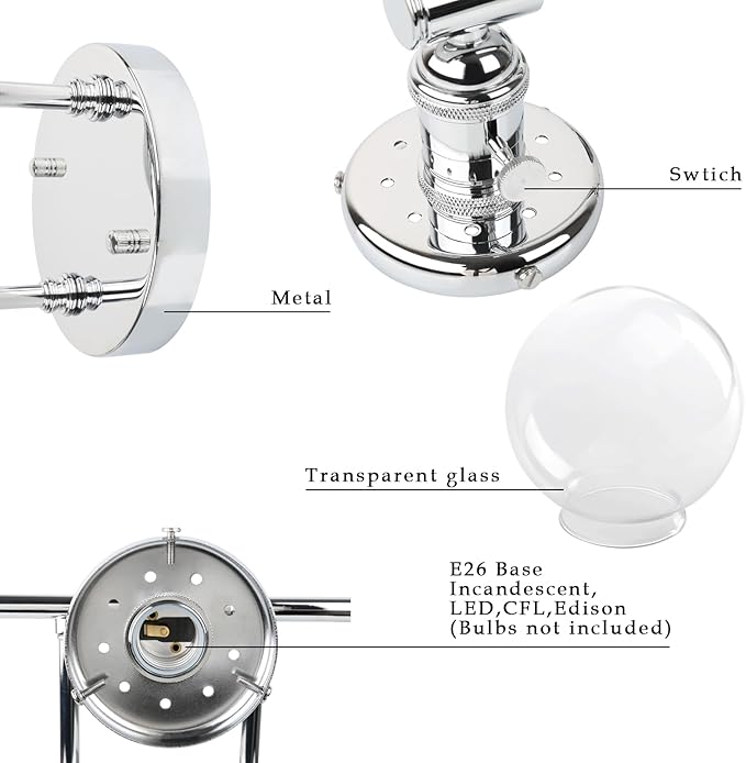 Phansthy 3-Light Wall Sconces Antique Brass Vanity Light, Industrial Wall Lamps with On Off Switch and Clear Glass Lampshade, Vintage Wall Lighting for Bathroom Living Room (Chrome, Globe Shade)