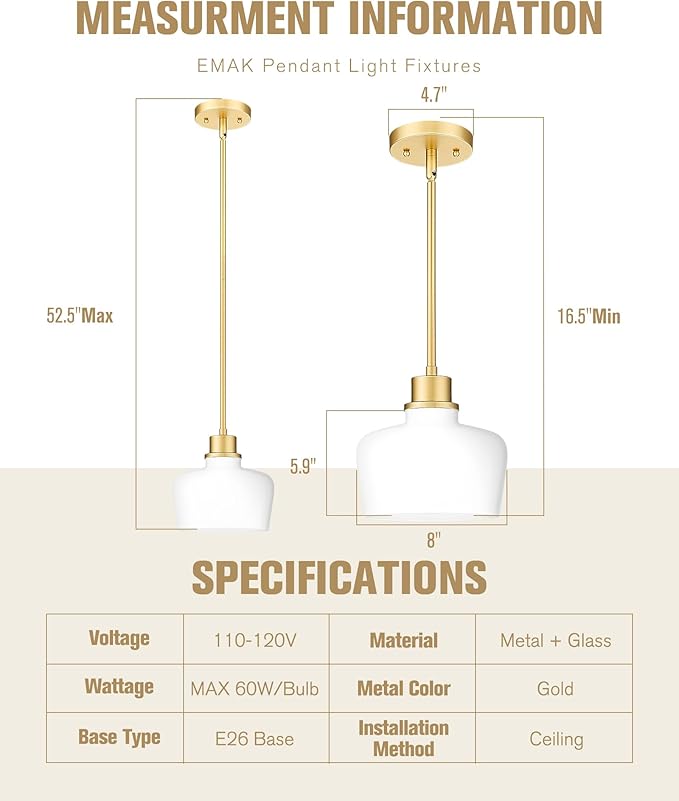 Emak Modern Pendant Lights Kitchen Island, 8 Inch Gold Pendant Light with Milk Glass Shade, Hanging Light Fixture for Kitchen Island, Dining Room, Bathroom, Bedroom, PL122-GD-ML