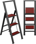 Step Ladder 3 Step Folding, Decorative - Beautiful Mahogany & Black Aluminum, Ultra Slim Profile, Anti Slip Steps, Sturdy-Portable for Home, Office, Kitchen, Photography Use,by SORFEY