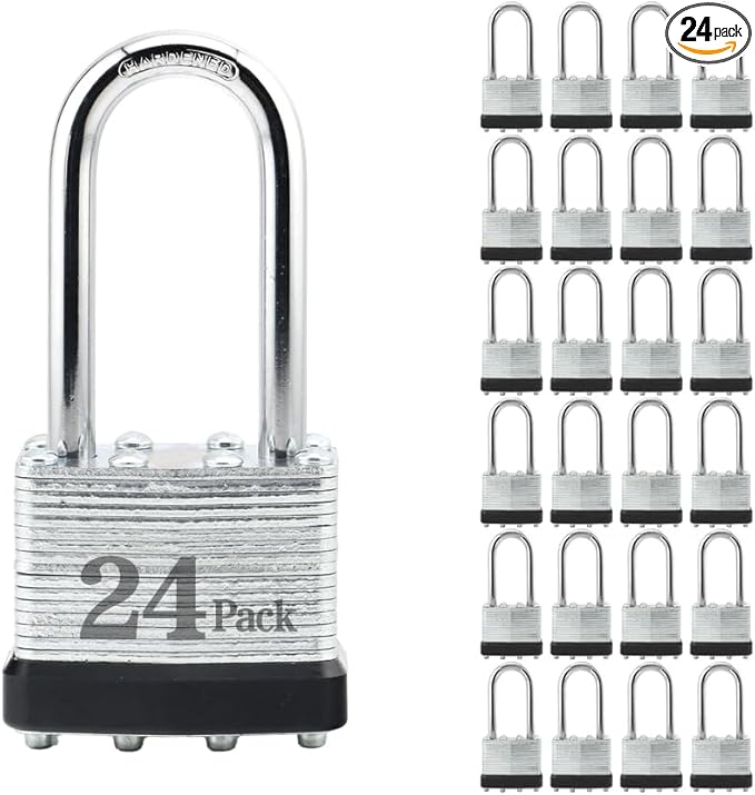 ZonRo Locks Laminated Steel Keyed Padlocks,Keyed Alike Locks, 1-9/16 inch Wide,Long Shackle Padlocks, Pack of 24，Black Hoop, for Hasp Latch, Sheds, Fences, Storage Locker, School, Gym…