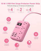 6 USB(2 USB C) Pink Extension Cord- 5Ft Travel Power Strip with 24W USB Charging Station and 4 Outlets, Pink Desk Accessories with Surge Protector for Cute Kawaii Gifts College Dorm Desk